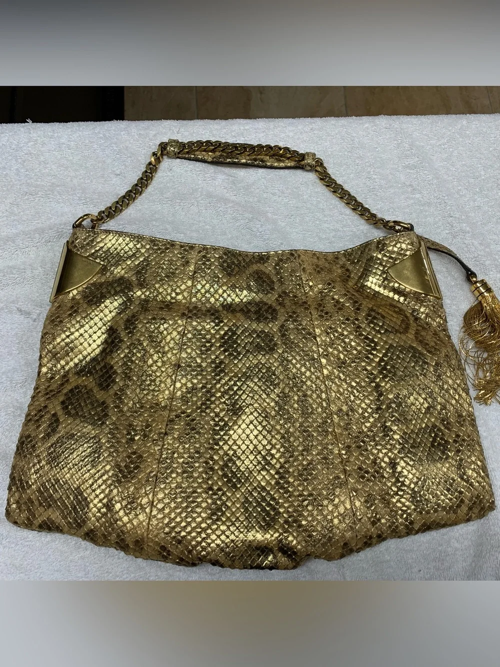 Gucci 1970 Gold Anaconda Snakeskin Tassel Chain Medium Hobo Bag
